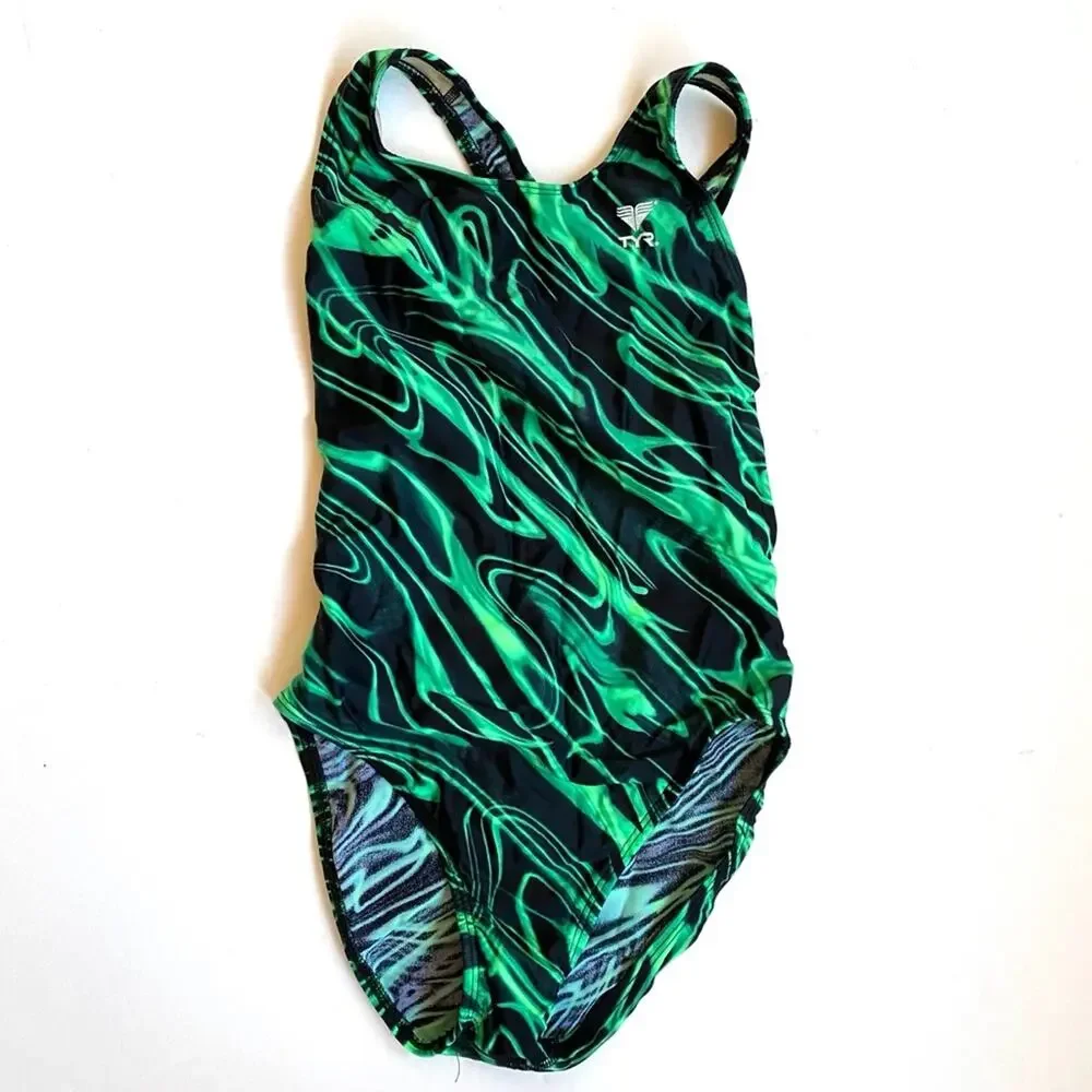 TYR Black~Green Competition Tank Swimsuit SUPER‎ CLEAN COND.